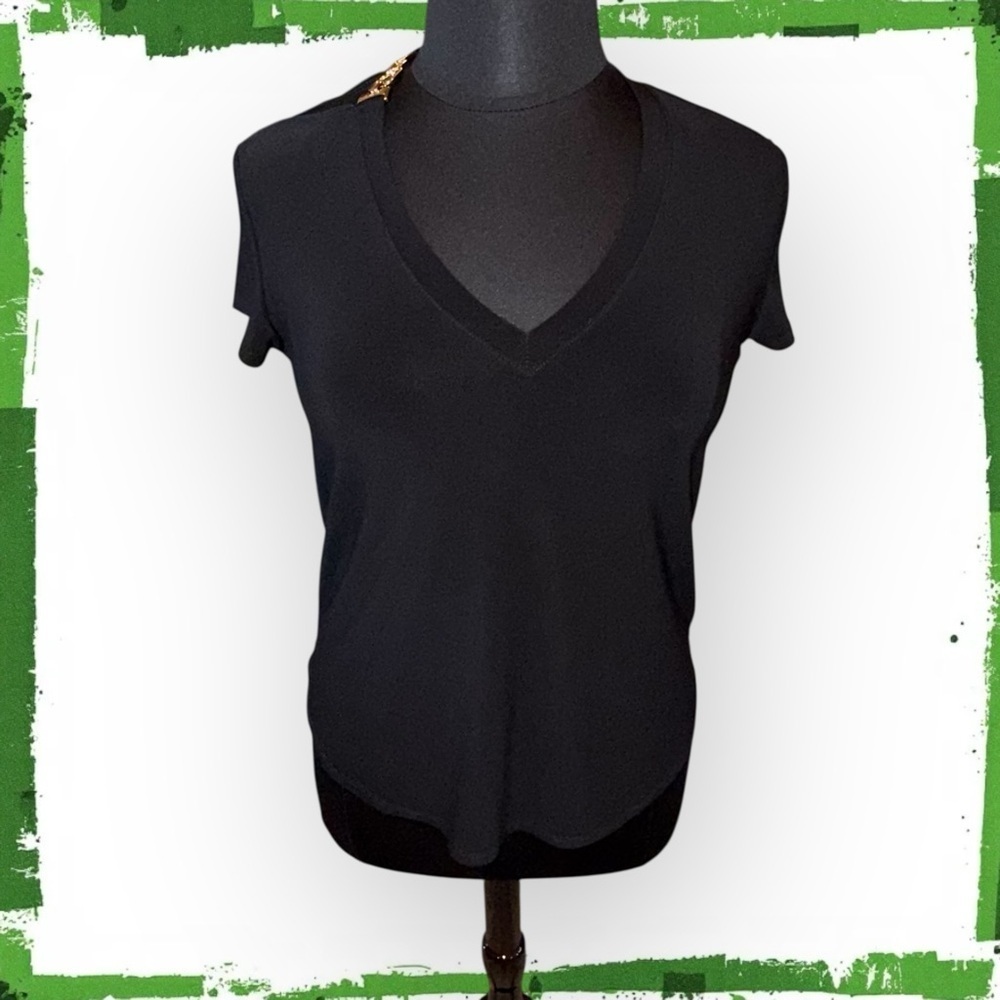 JOSEPH RIBKOFF Jersey Knit T-shirt w/ Gold Metal Accent - 12 Black